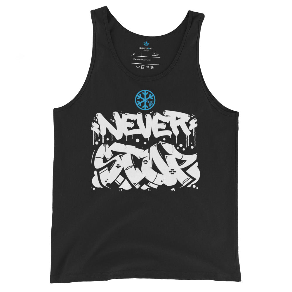 Black-Never Stop Graffiti Piece Tank Top from B.Different Clothing, front view, graffiti-inspired streetwear