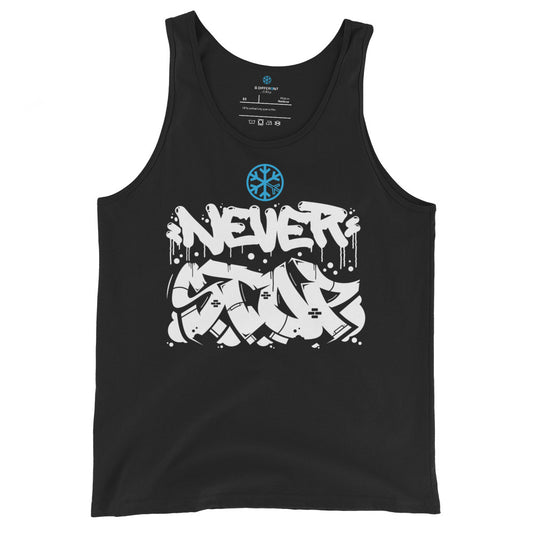 Black-Never Stop Graffiti Piece Tank Top from B.Different Clothing, front view, graffiti-inspired streetwear