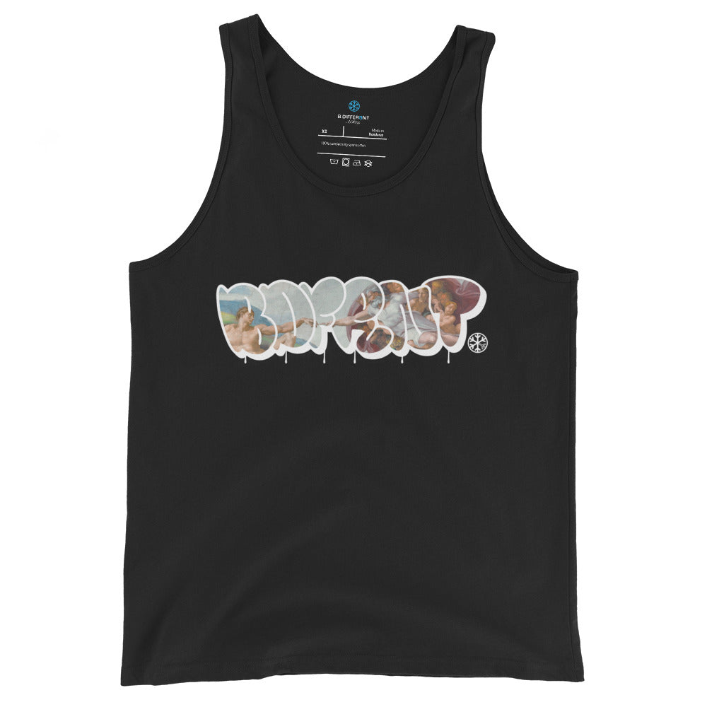 Black-BDFRNT Throwie x Creation of Adam Graffiti Tank Top from B.Different Clothing, front view, graffiti-inspired streetwear