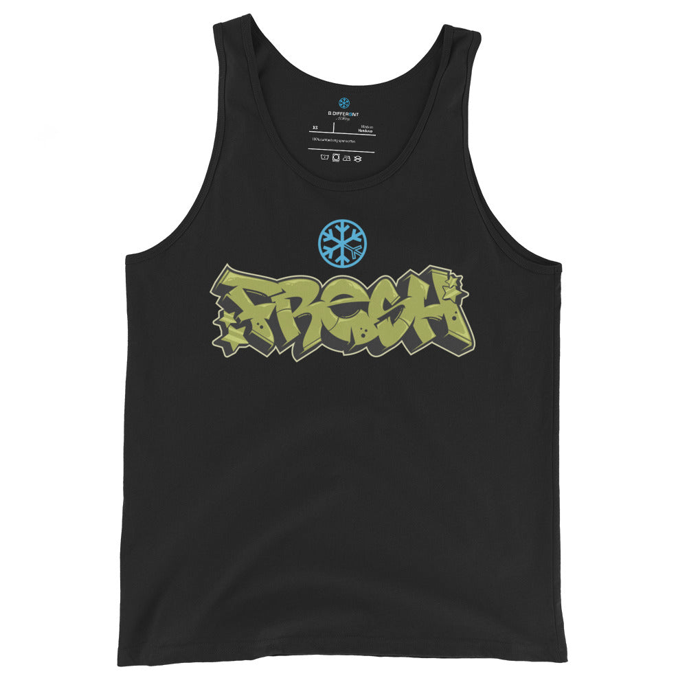 Black-Fresh Graffiti Piece Tank Top from B.Different Clothing, front view, graffiti-inspired streetwear
