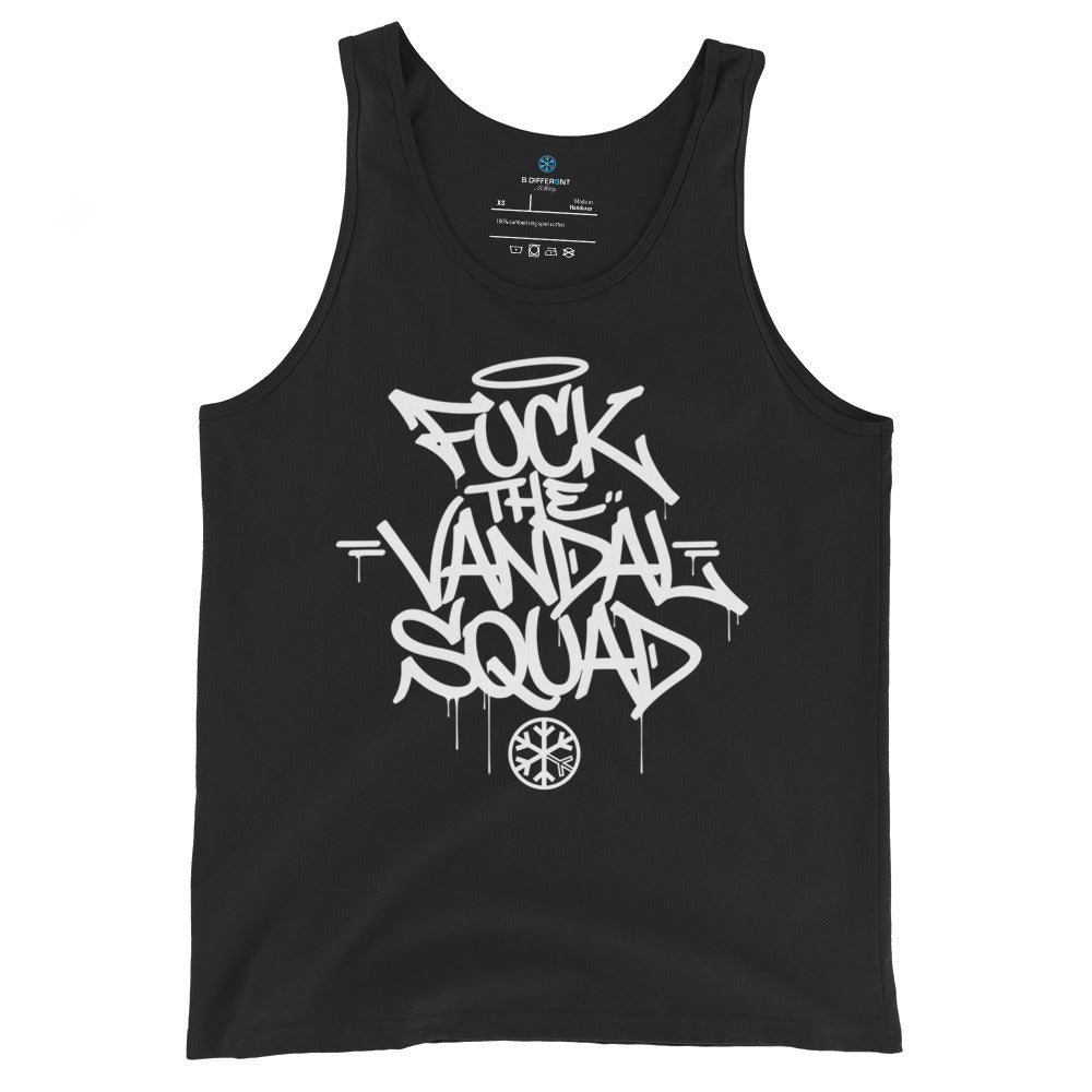 Black-Fuck The Vandal Squad Graffiti Tank Top from B.Different Clothing, front view, graffiti-inspired streetwear