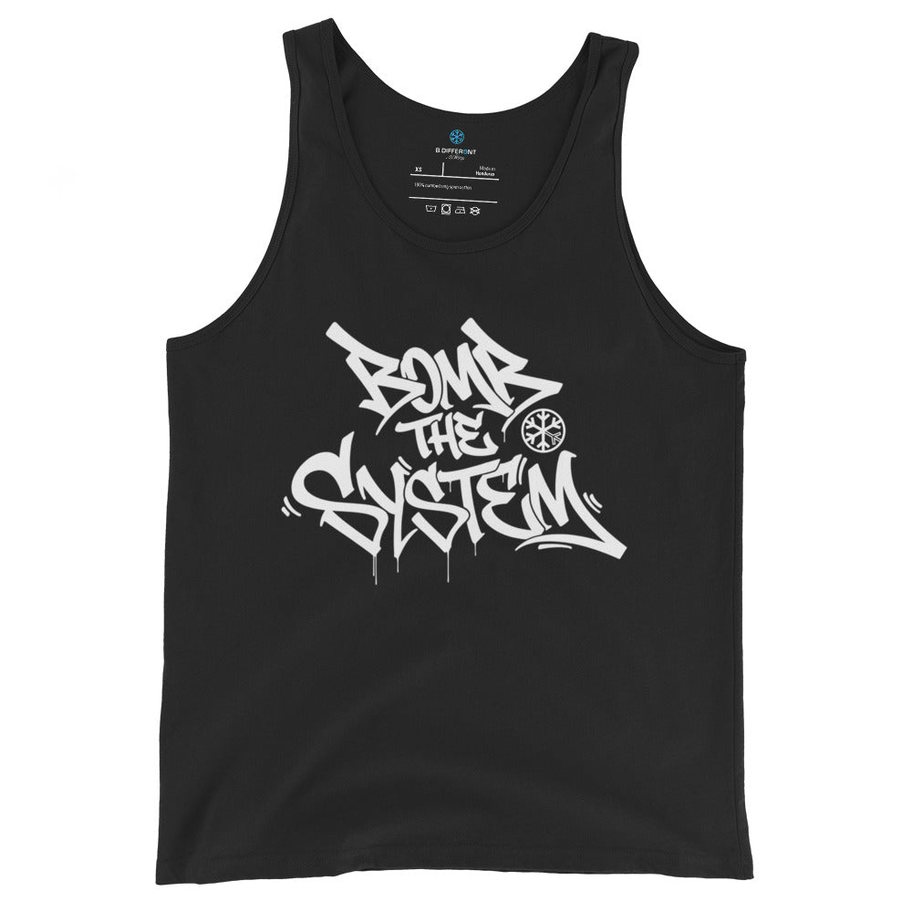 Black-Bomb The System Graffiti Tank Top from B.Different Clothing, front view, graffiti-inspired streetwear