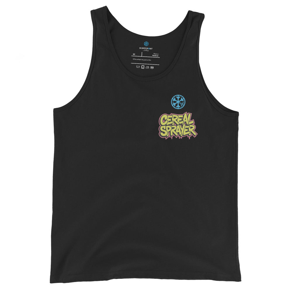 Black-Cereal Sprayer Graffiti Tank Top from B.Different Clothing, front view, graffiti-inspired streetwear
