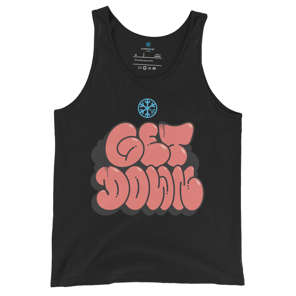 Black-Get Down Graffiti Throw-up Tank Top from B.Different Clothing, front view, graffiti-inspired streetwear