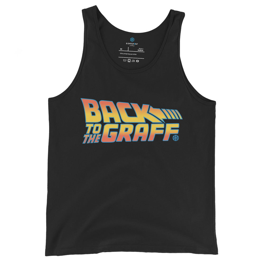 Black-Back to the Graff Tank Top from B.Different Clothing, front view, graffiti-inspired streetwear
