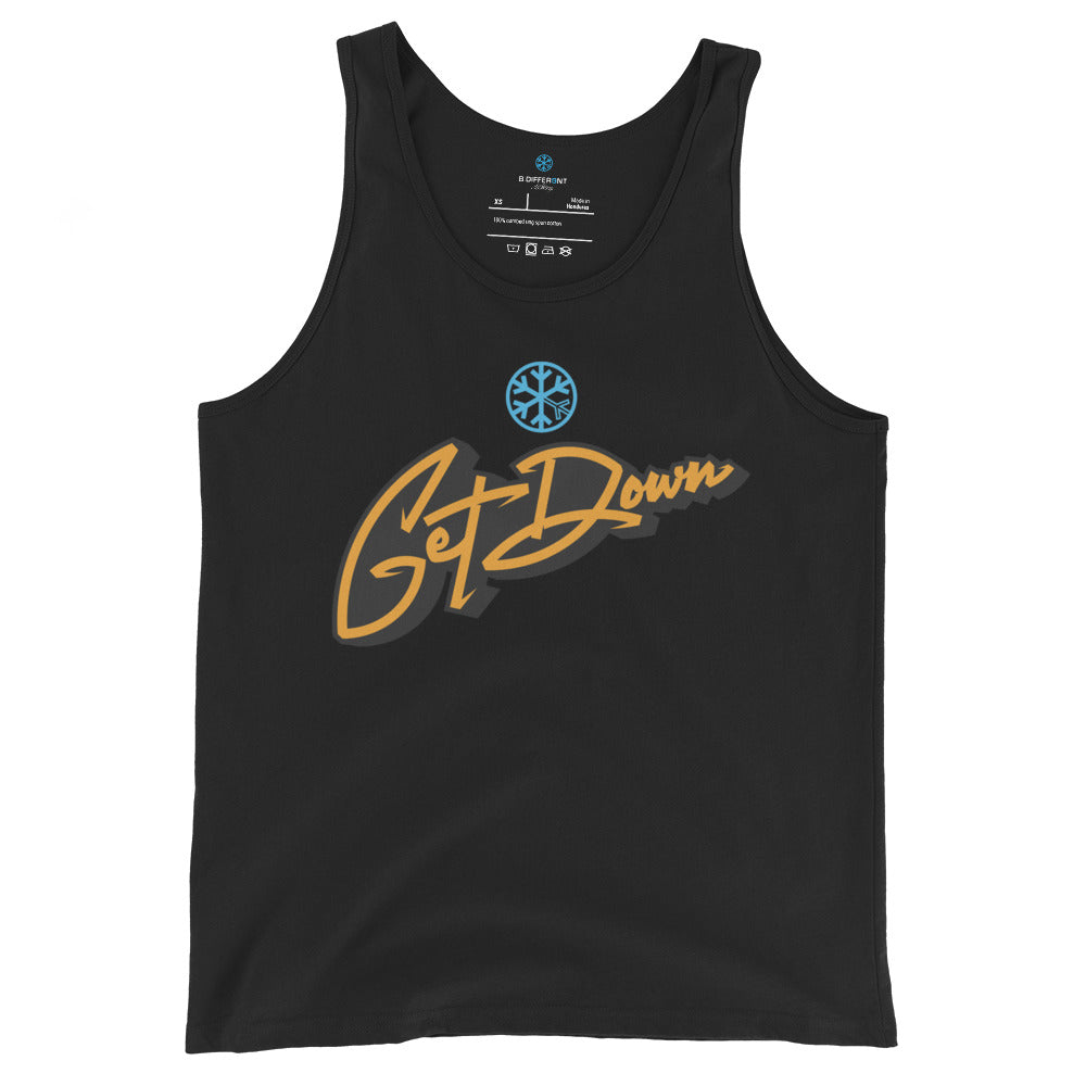 Black-Get Down Graffiti Lettering Tank Top from B.Different Clothing, front view, graffiti-inspired streetwear