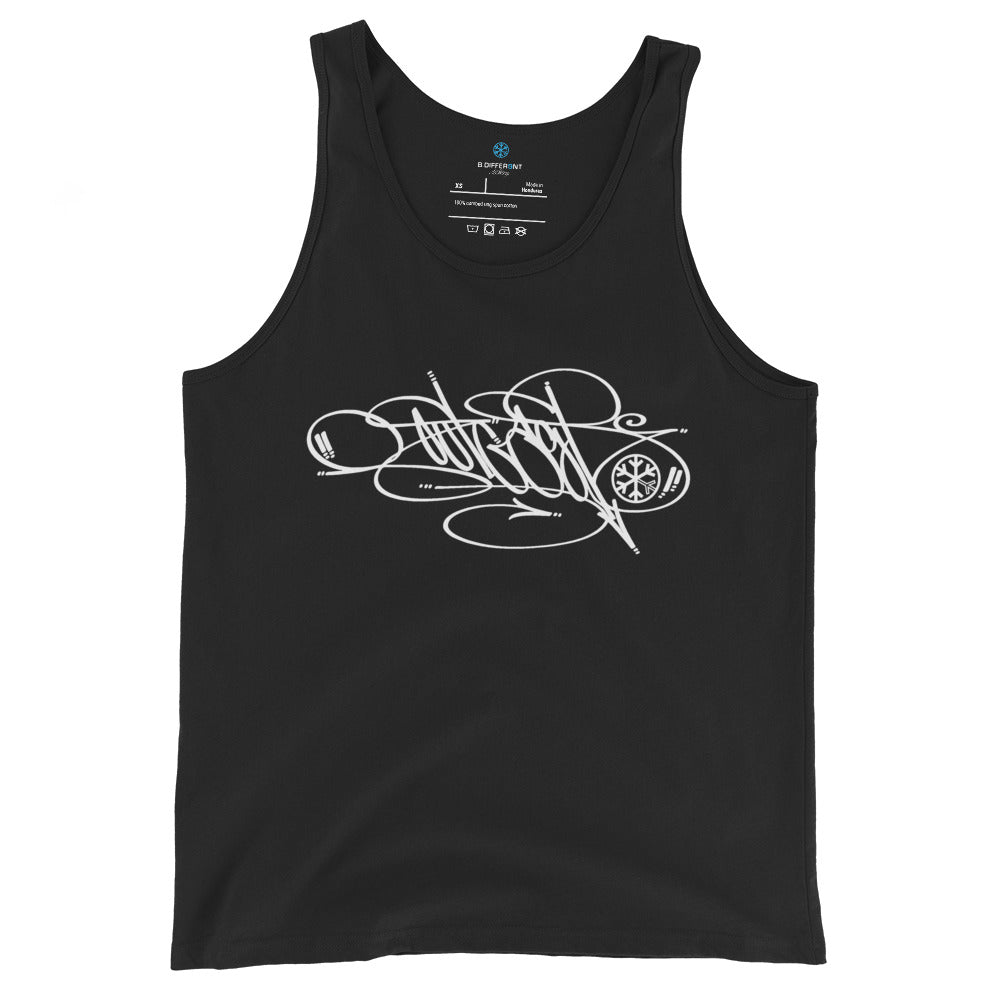 Black-Outcast Tag Tank Top by Graffiti Dad from B.Different Clothing, front view, graffiti-inspired streetwear