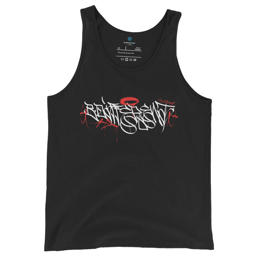 Black-Caos One Collab Graffiti Tank Top from B.Different Clothing, front view, graffiti-inspired streetwear