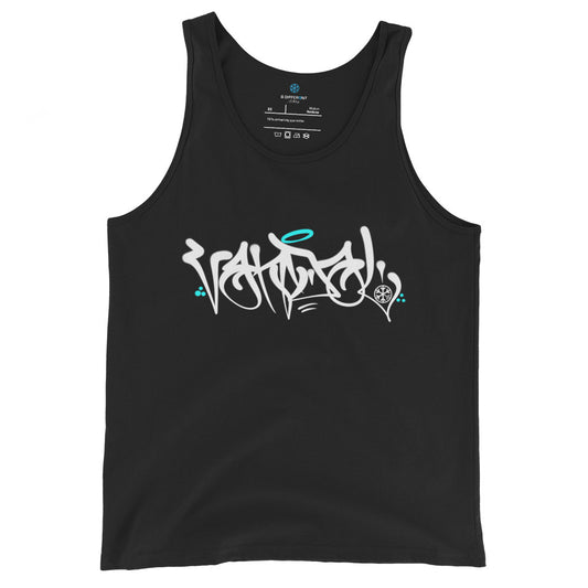 Black-Vandal Graffiti Tag Tank Top by Caos One from B.Different Clothing, front view, graffiti-inspired streetwear
