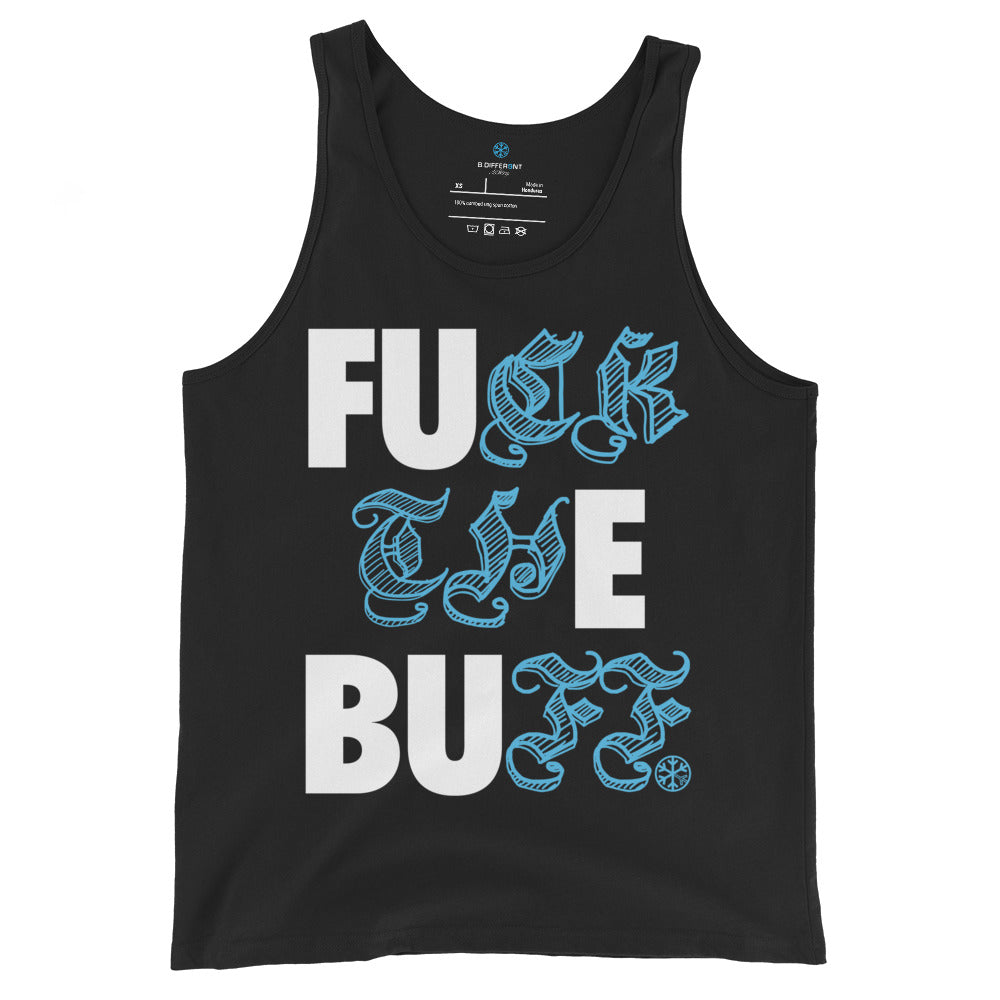 Black-Fuck The Buff Graffiti Tank Top from B.Different Clothing, front view, graffiti-inspired streetwear