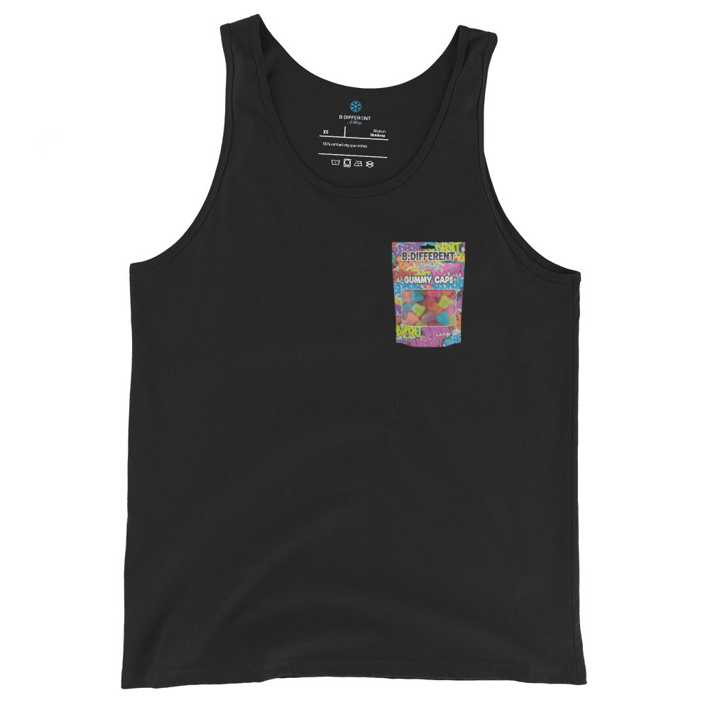 Black-Gummy Caps Graffiti Tank Top from B.Different Clothing, front view, graffiti-inspired streetwear