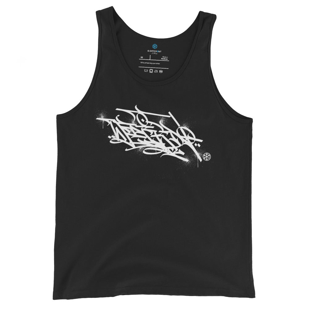 Black-Weirdo Graffiti Tag Tank Top by Shew from B.Different Clothing, front view, graffiti-inspired streetwear