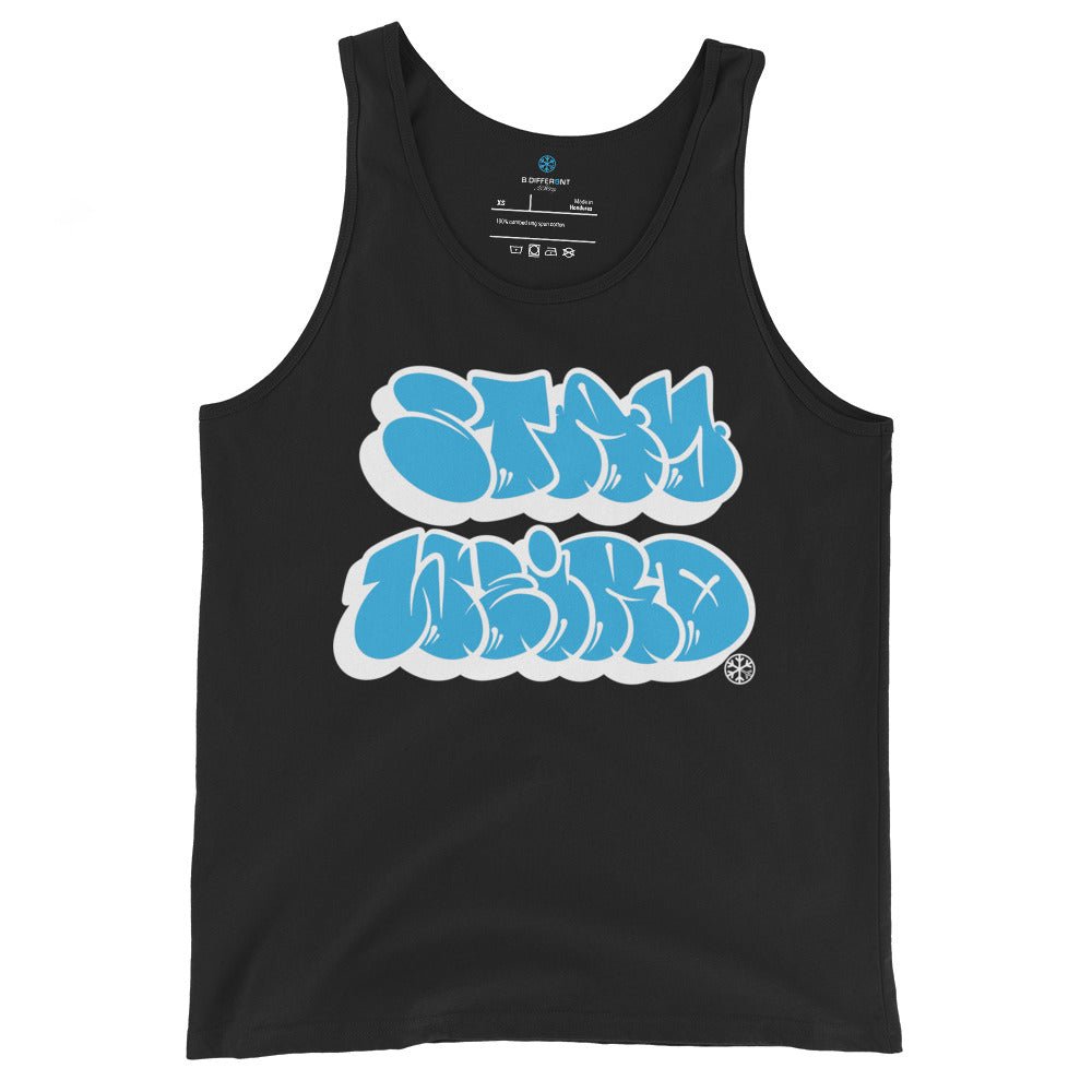 Black-Stay Weird Graffiti Throwie Tank Top by Monsterinho from B.Different Clothing, front view, graffiti-inspired streetwear