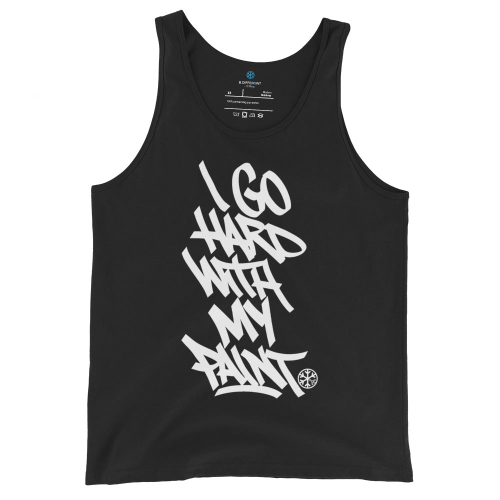 Black-I Go Hard With My Paint Graffiti Tank Top from B.Different Clothing, front view, graffiti-inspired streetwear