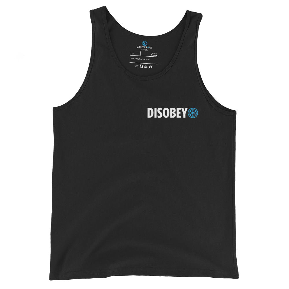Black-Pixel Disobey Tank Top from B.Different Clothing, front view, graffiti-inspired streetwear