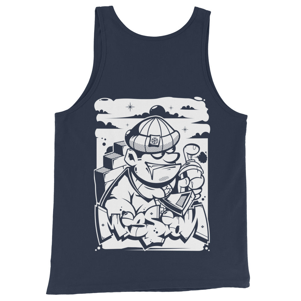Navy-Mission Graffiti Character Tank Top from B.Different Clothing, back view, graffiti-inspired streetwear