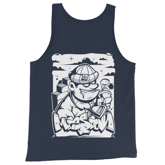 Navy-Mission Graffiti Character Tank Top from B.Different Clothing, back view, graffiti-inspired streetwear