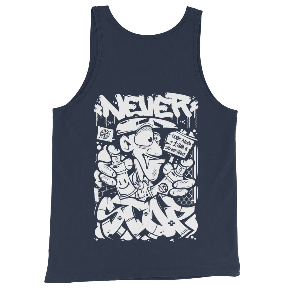 Navy-Never Stop Graffiti Character Tank Top from B.Different Clothing, back view, graffiti-inspired streetwear