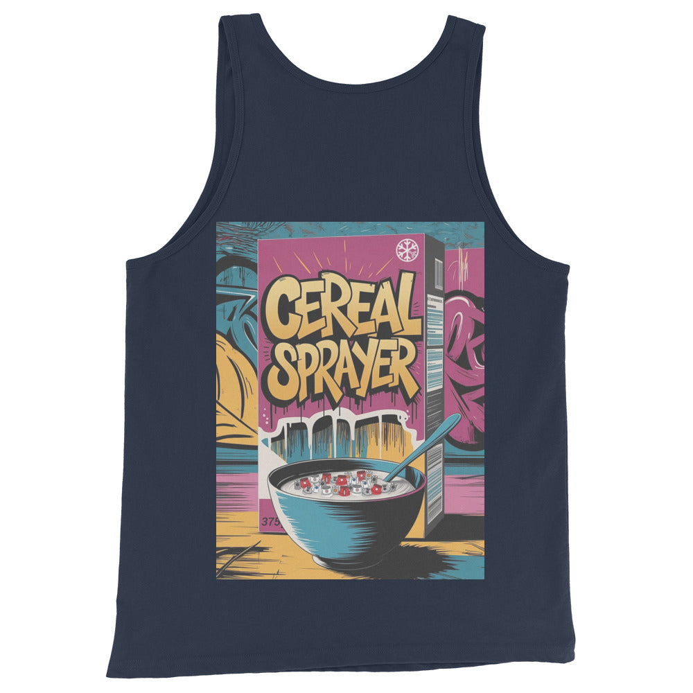 Navy-Cereal Sprayer Graffiti Tank Top from B.Different Clothing, back view, graffiti-inspired streetwear