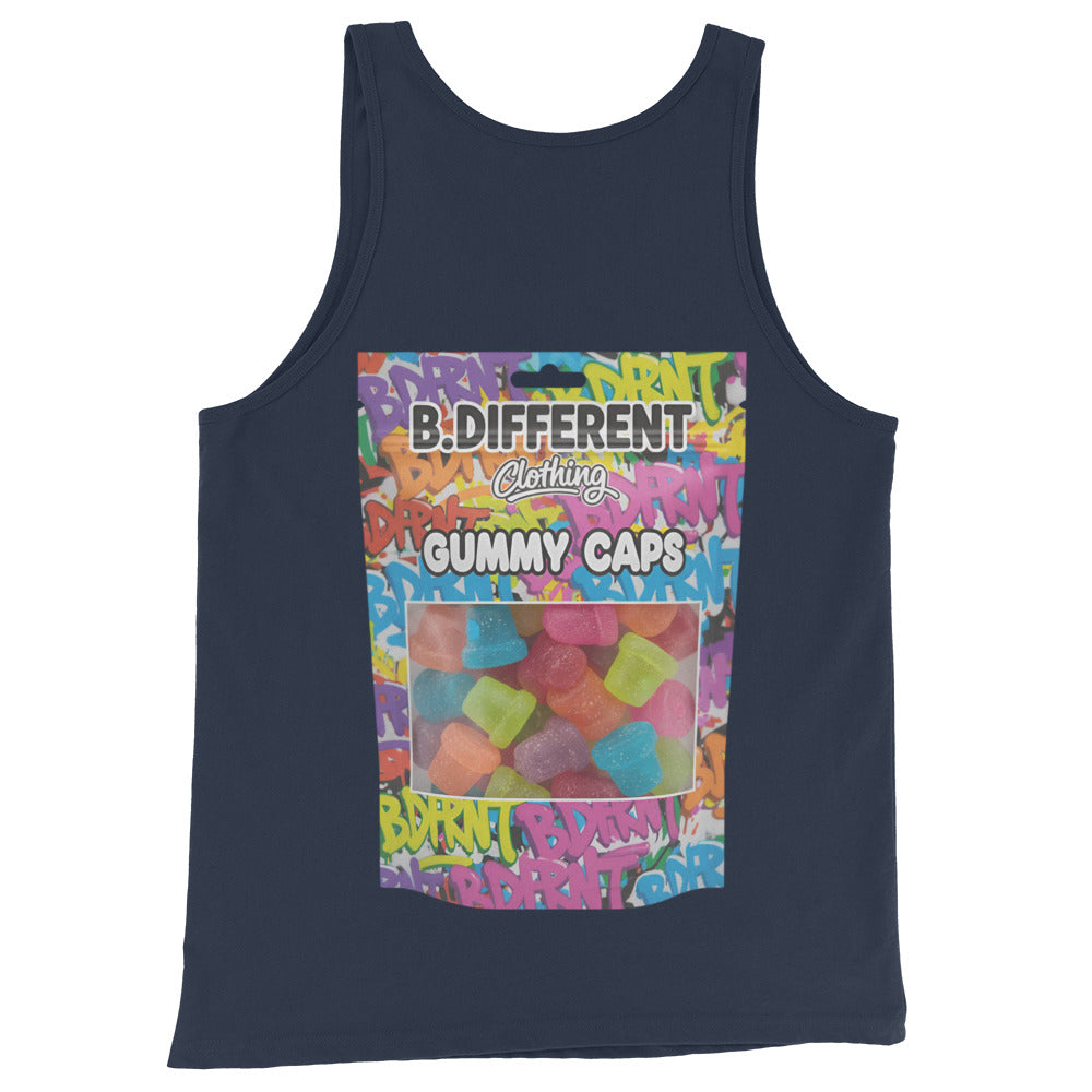 Navy-Gummy Caps Graffiti Tank Top from B.Different Clothing, back view, graffiti-inspired streetwear