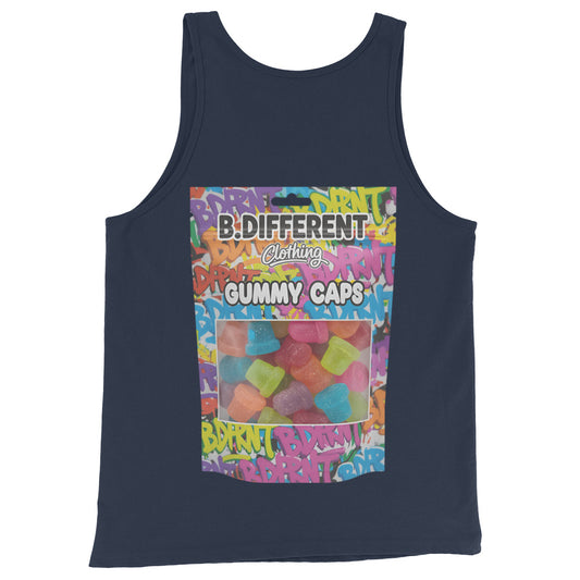 Navy-Gummy Caps Graffiti Tank Top from B.Different Clothing, back view, graffiti-inspired streetwear