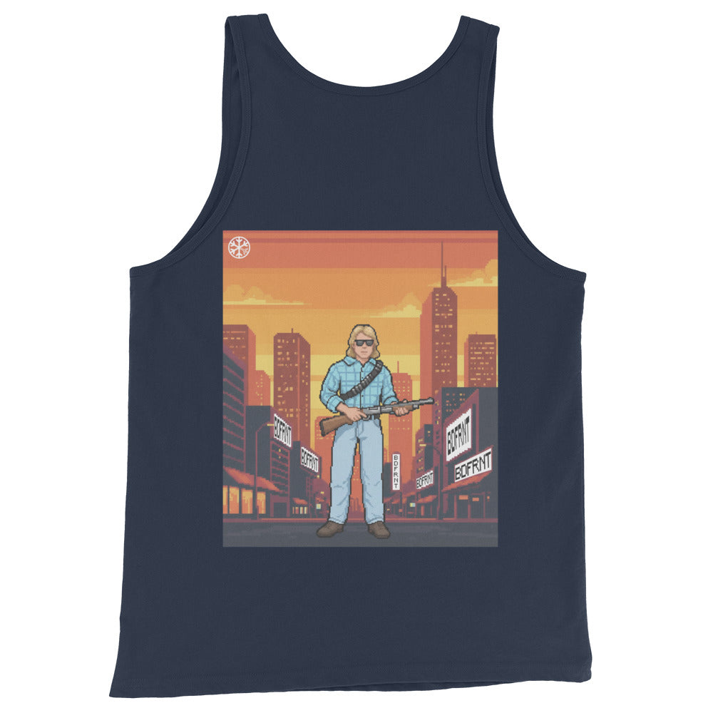 Navy-Pixel Disobey Tank Top from B.Different Clothing, back view, graffiti-inspired streetwear