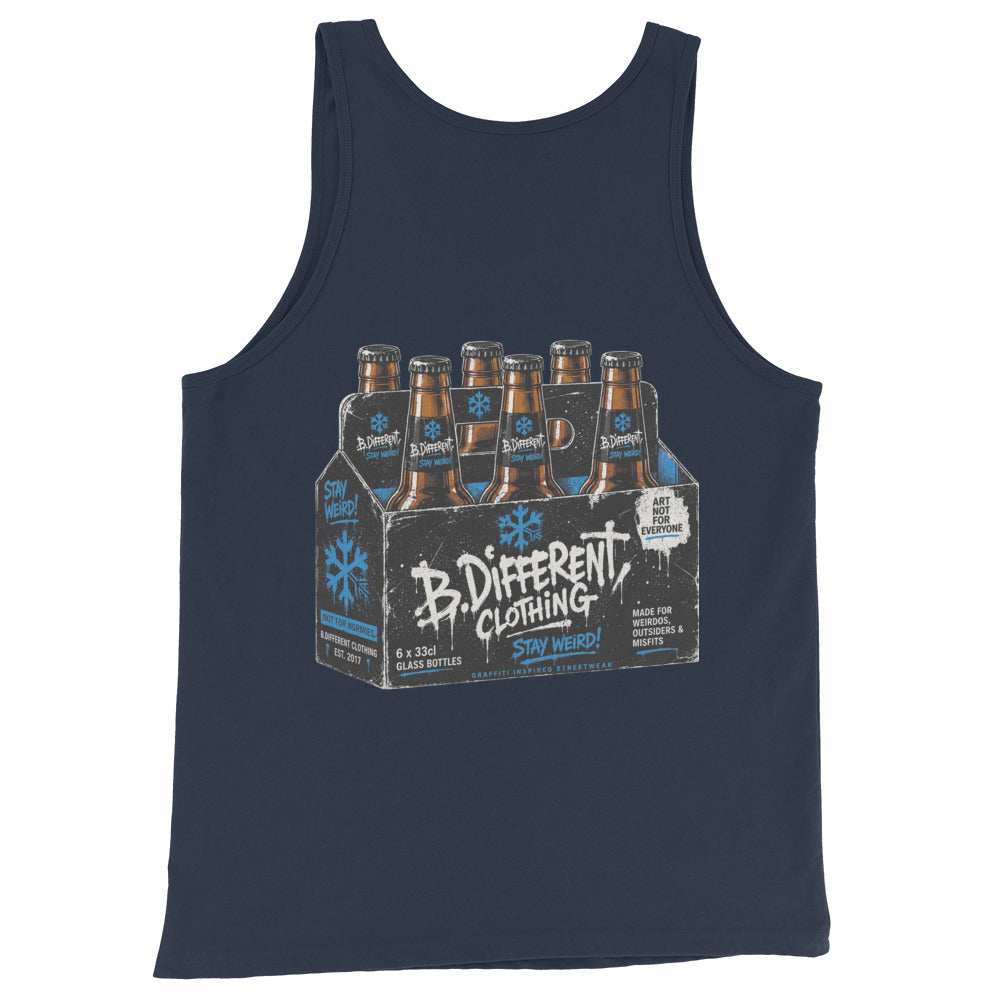 Navy-Six Pack Beer Graffiti Tank Top from B.Different Clothing, back view, graffiti-inspired streetwear