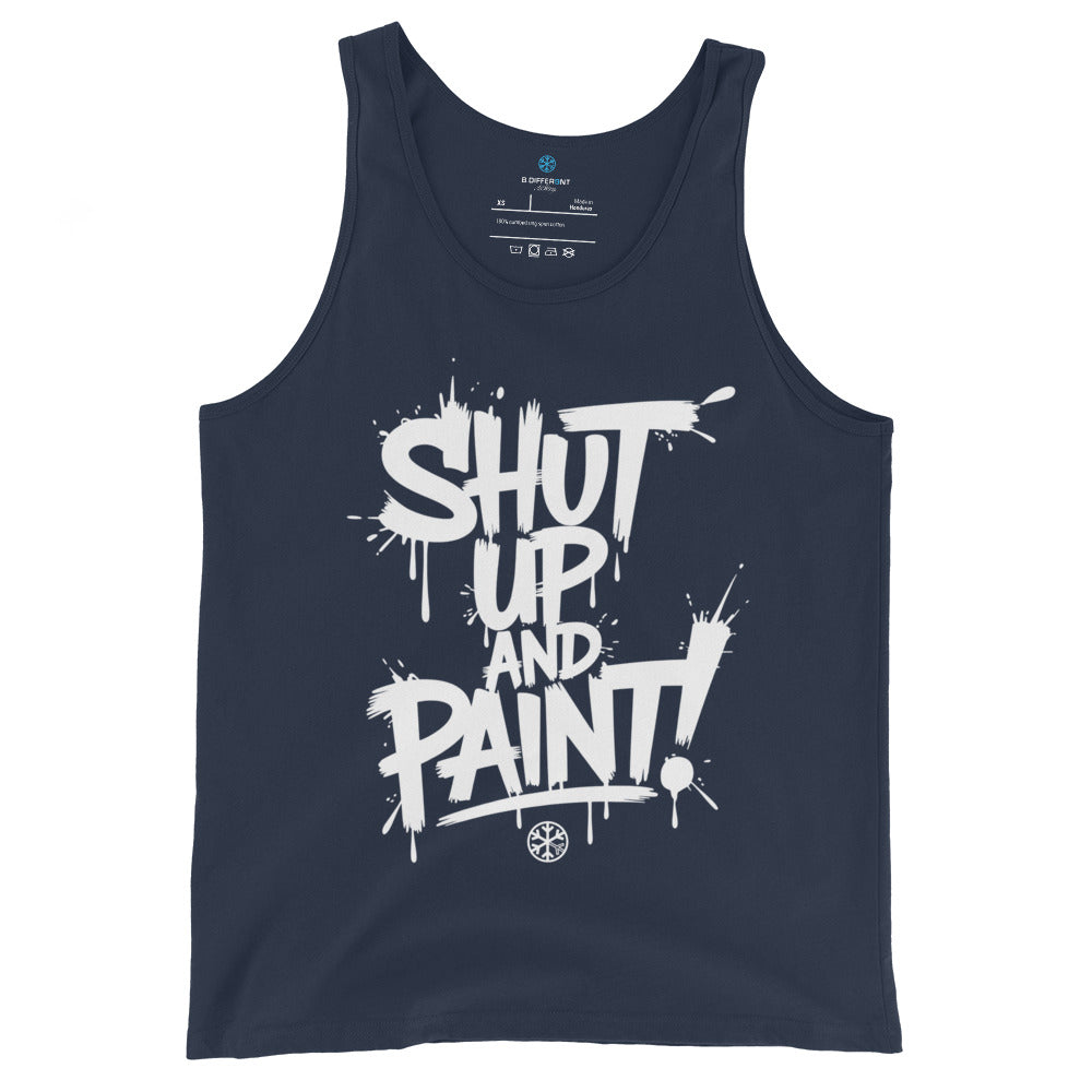 Navy-Shut Up and Paint Graffiti Tank Top from B.Different Clothing, front view, graffiti-inspired streetwear