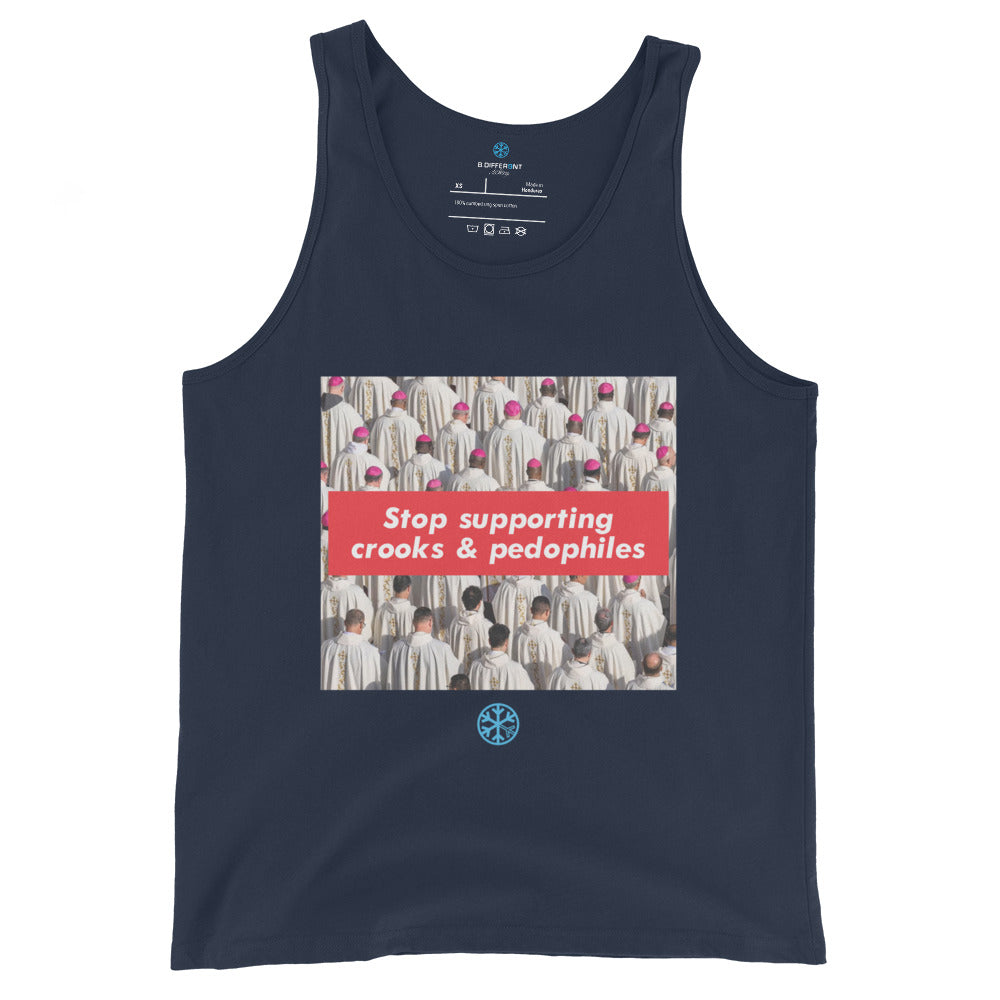 Navy-Vatican Crooks Tank Top from B.Different Clothing, front view, graffiti-inspired streetwear