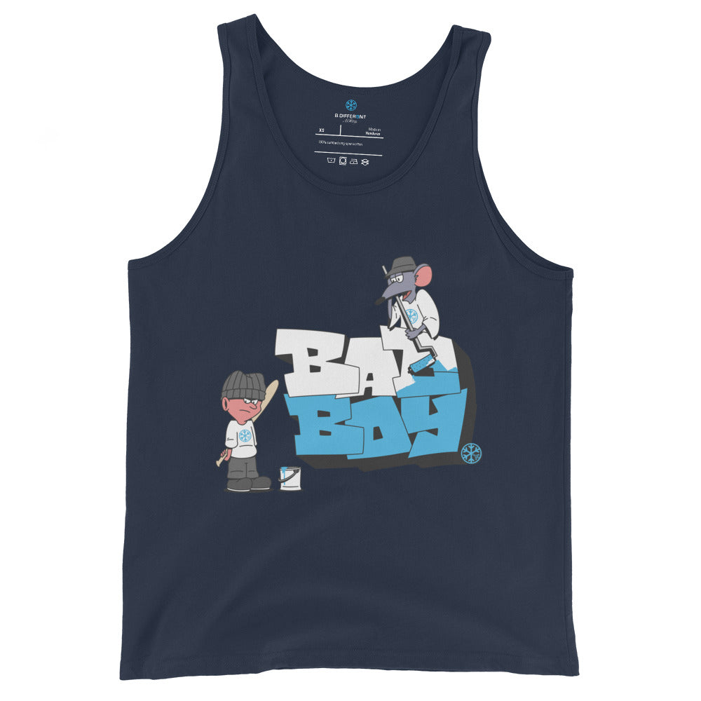 Navy-Bad Boy Graffiti Tank Top from B.Different Clothing, front view, graffiti-inspired streetwear