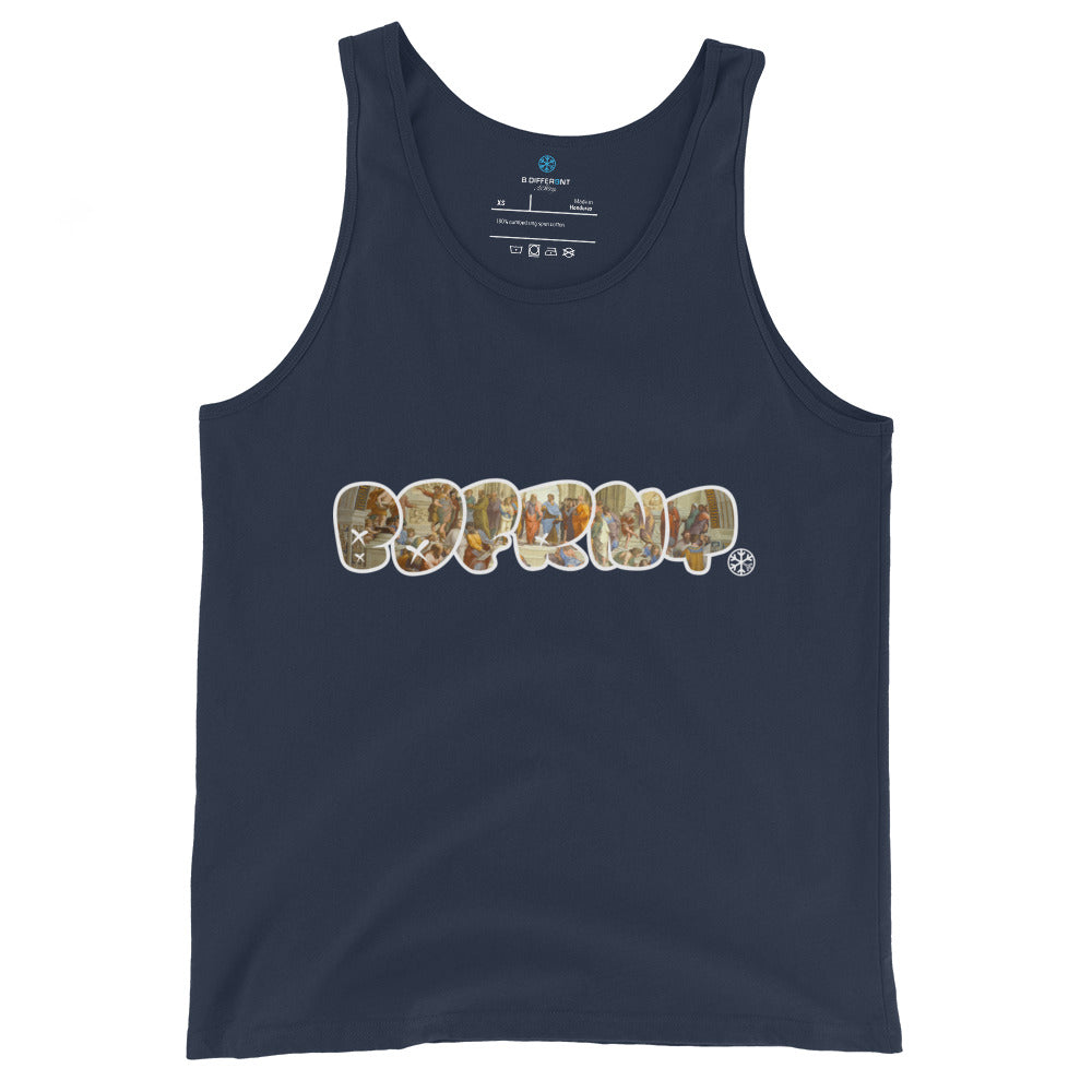 Navy-BDFRNT Throwie x School of Athens Graffiti Tank Top from B.Different Clothing, front view, graffiti-inspired streetwear