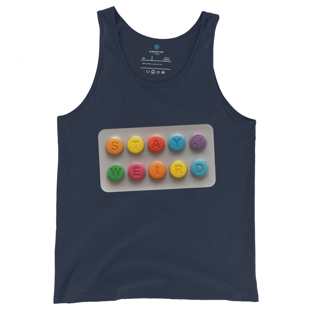 Navy-Stay Weird Pills Tank Top from B.Different Clothing, front view, graffiti-inspired streetwear