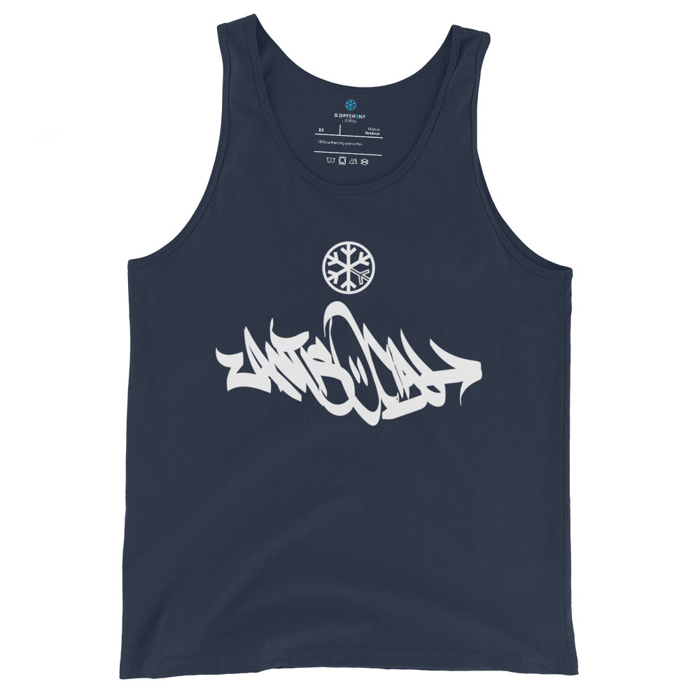 Navy-Antisocial Graffiti Tag Tank Top from B.Different Clothing, front view, graffiti-inspired streetwear
