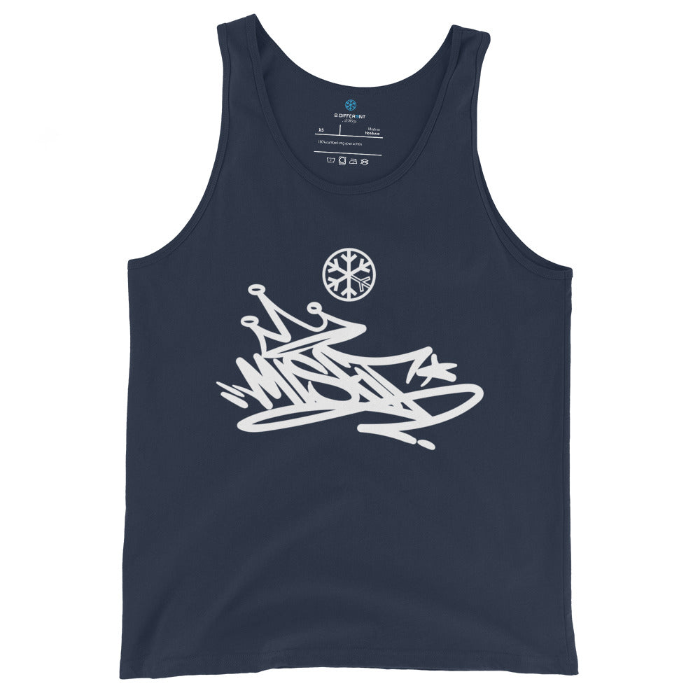 Navy-Misfit Graffiti Tag Tank Top from B.Different Clothing, front view, graffiti-inspired streetwear