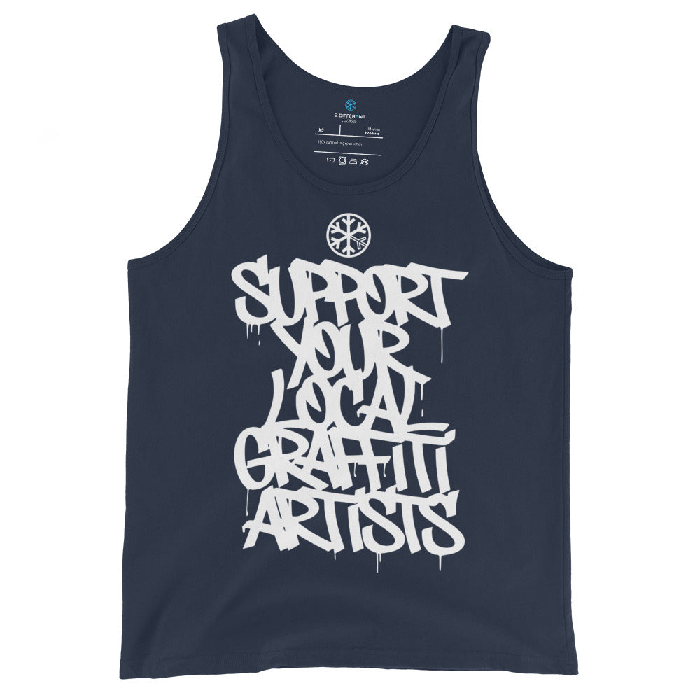 Navy-Support Your Local Graffiti Artists Tank Top from B.Different Clothing, front view, graffiti-inspired streetwear