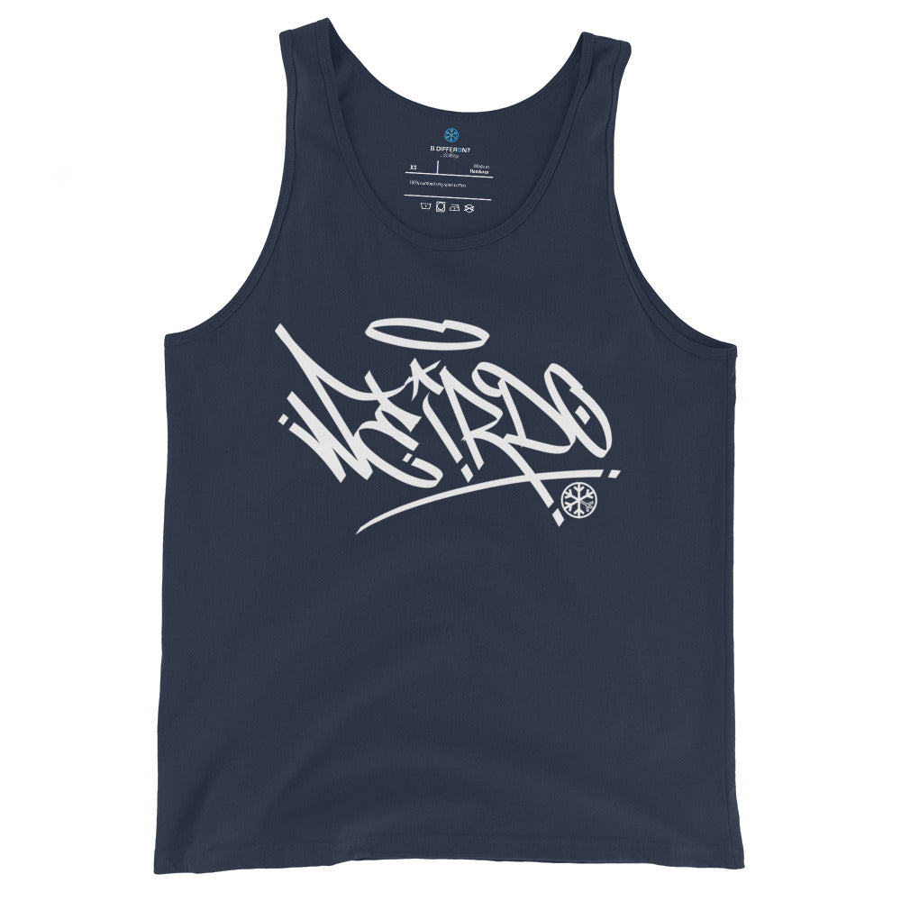 Navy-Weirdo Tag Graffiti Tank Top from B.Different Clothing, front view, graffiti-inspired streetwear