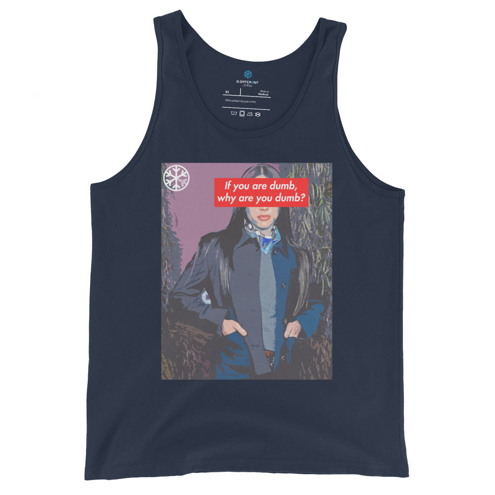 Navy-Why Are You Dumb Tank Top from B.Different Clothing, front view, graffiti-inspired streetwear mockup