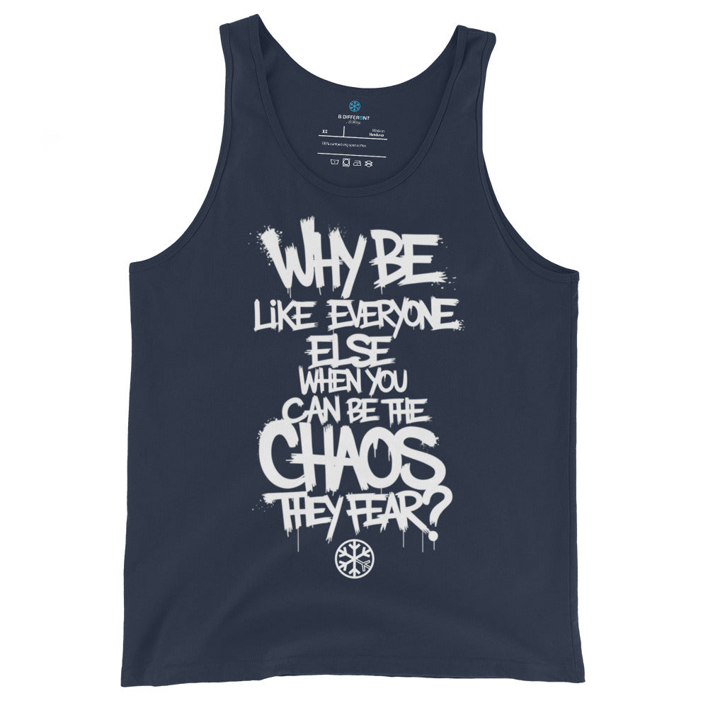 Navy-Chaos They Fear Graffiti Tag Tank Top from B.Different Clothing, front view, graffiti-inspired streetwear