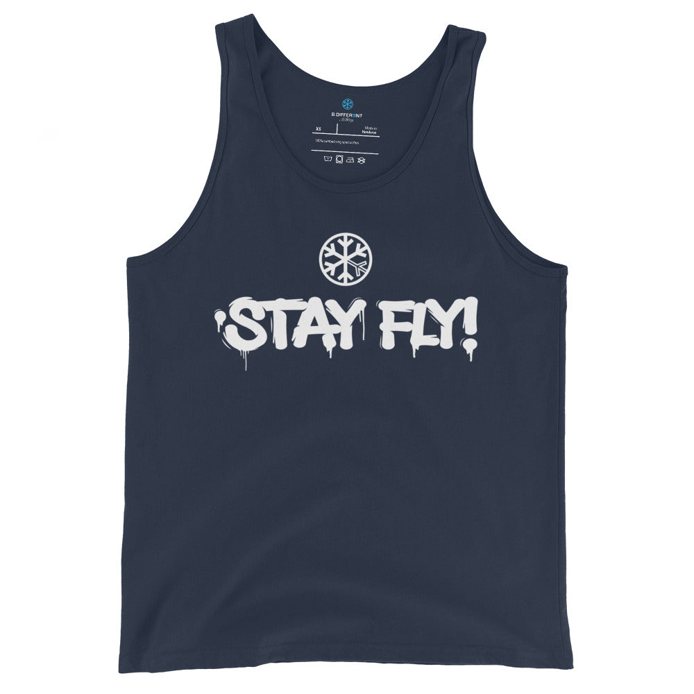 Navy-Stay Fly Graffiti Tag Tank Top from B.Different Clothing, front view, graffiti-inspired streetwear