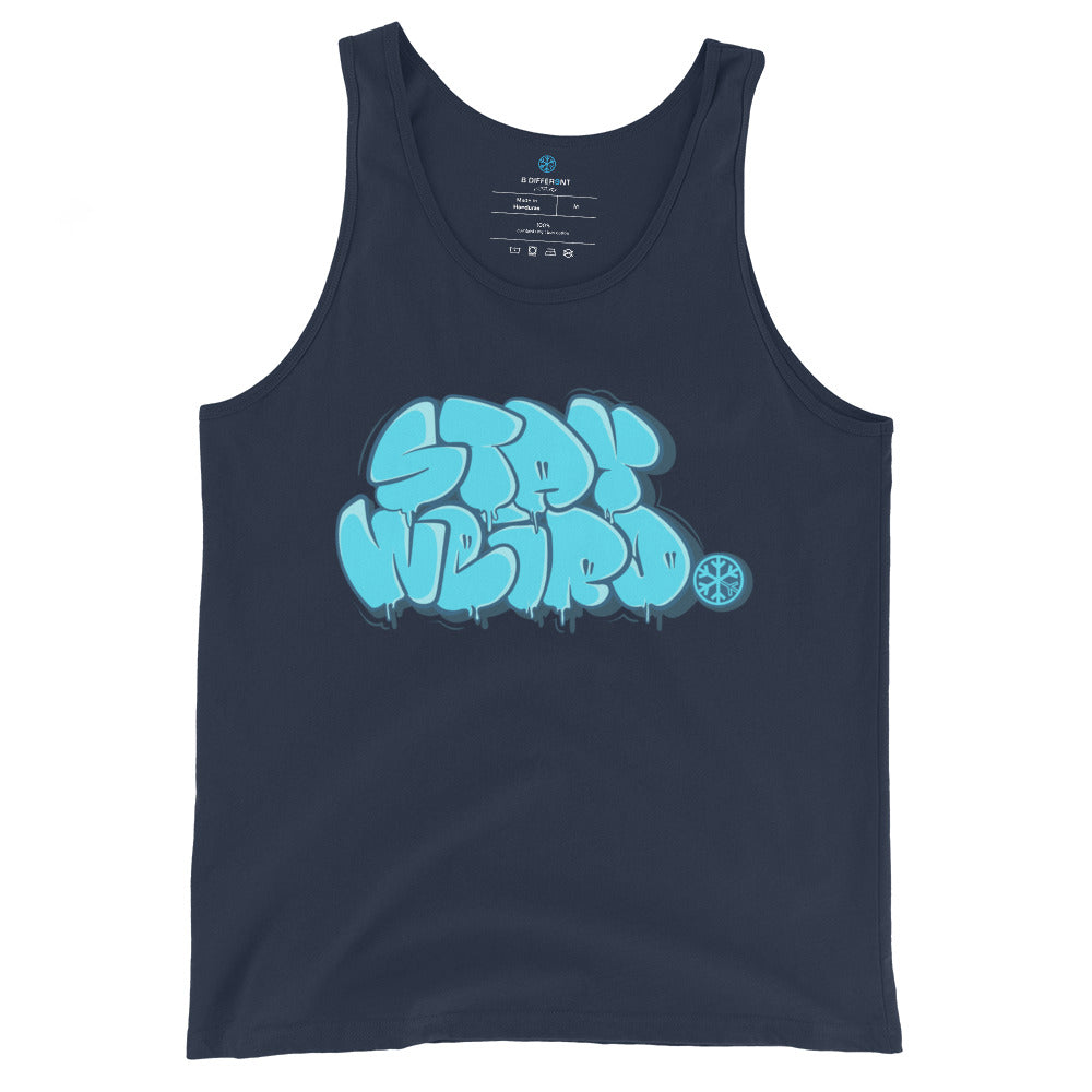 Navy-Stay Weird Graffiti Throw-up Tank Top from B.Different Clothing, front view, graffiti-inspired streetwear