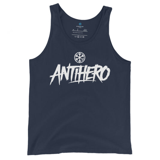 Navy-Antihero Graffiti Tag Tank Top from B.Different Clothing, front view, graffiti-inspired streetwear