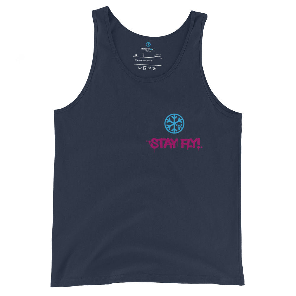 Navy-Stay Fly Graffiti Character Tank Top from B.Different Clothing, front view, graffiti-inspired streetwear