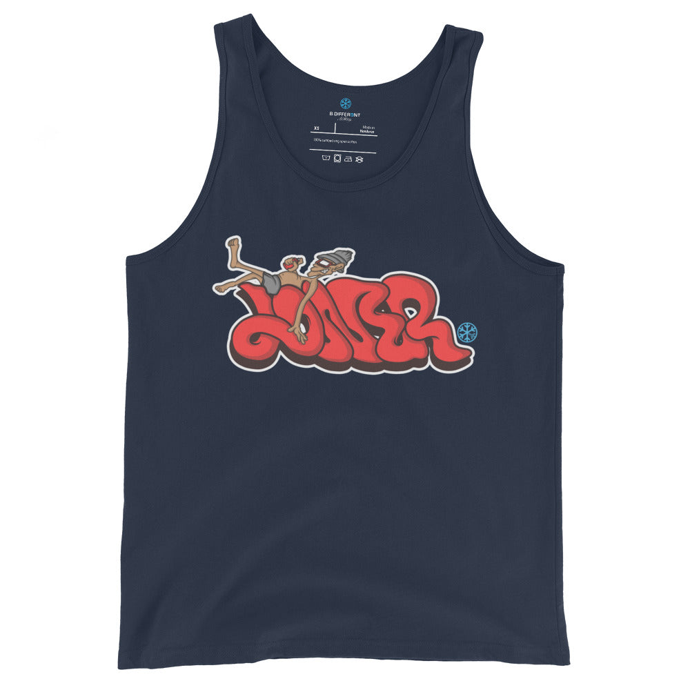 Navy-Loner Graffiti Piece Tank Top from B.Different Clothing, front view, graffiti-inspired streetwear