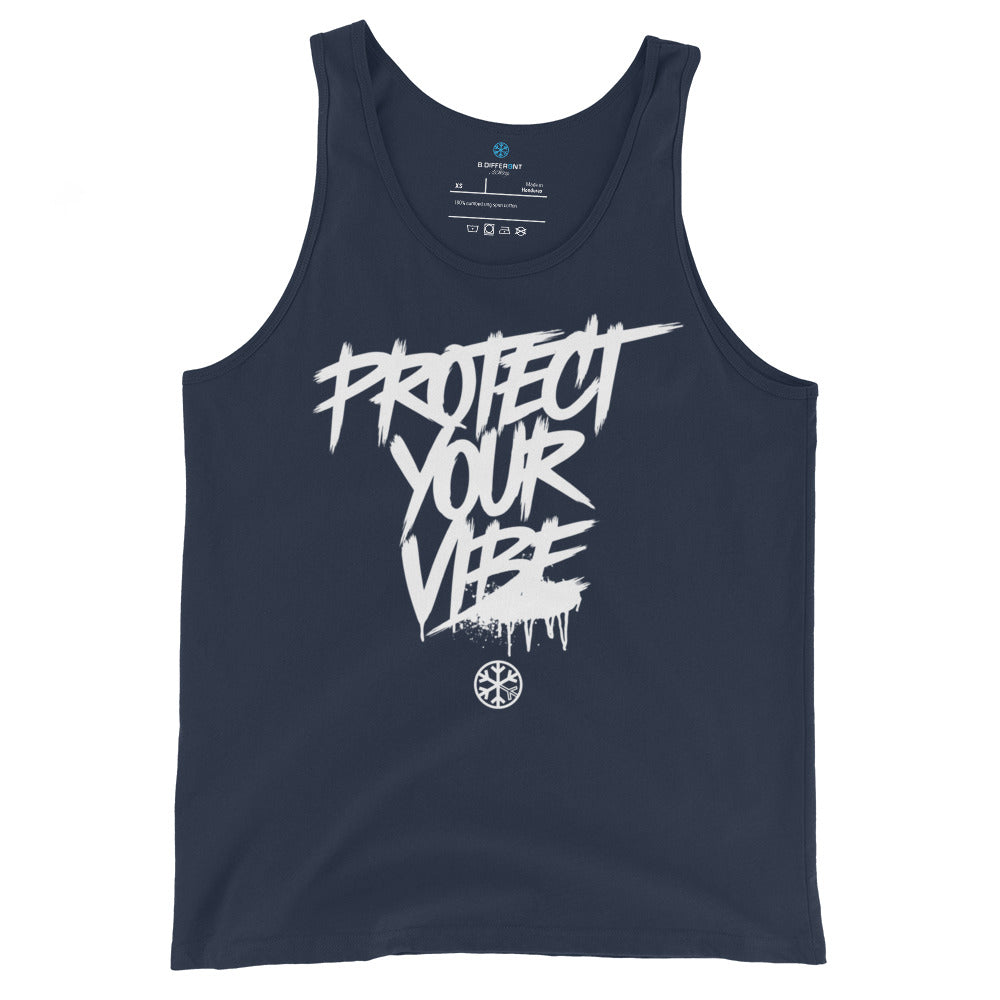 Navy-Protect Your Vibe Graffiti Tag Tank Top from B.Different Clothing, front view, graffiti-inspired streetwear
