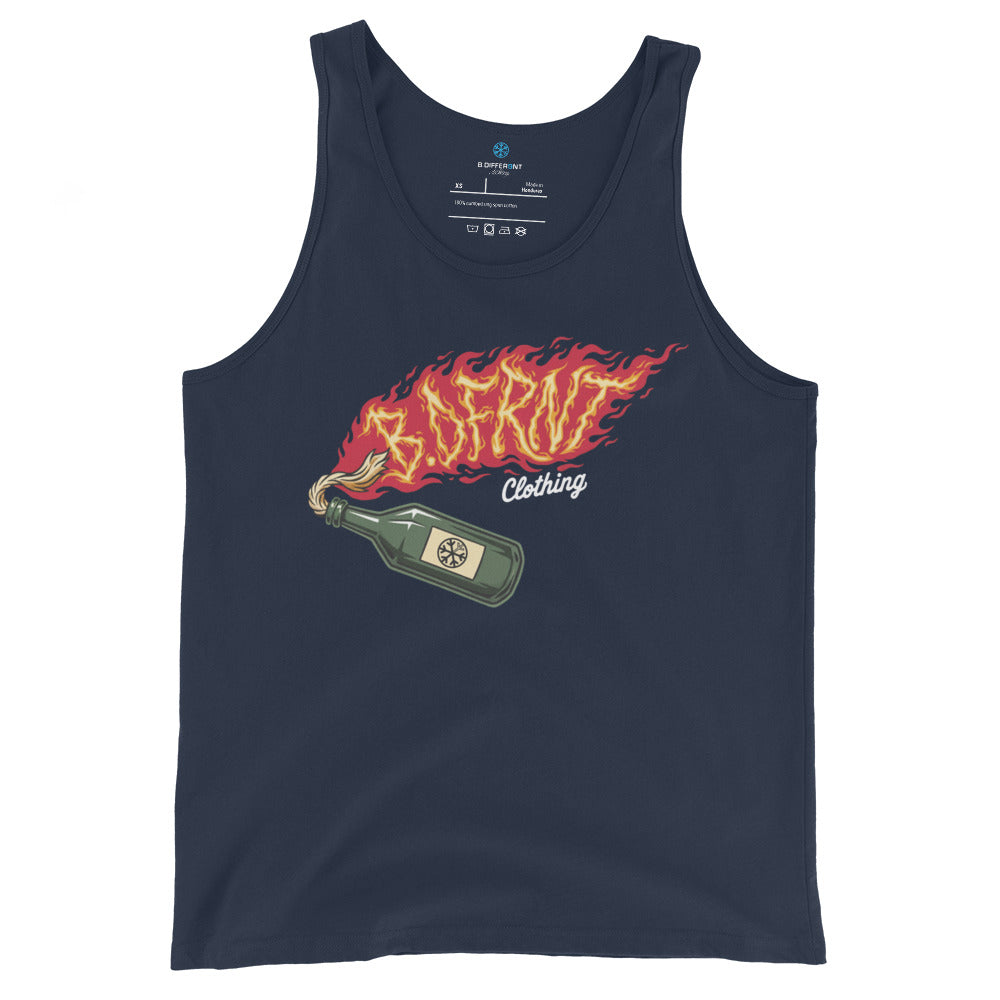 Navy-Molotov Graffiti Tank Top from B.Different Clothing, front view, graffiti-inspired streetwear