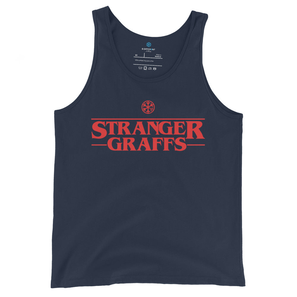 Navy-Stranger Graffs Tank Top from B.Different Clothing, front view, graffiti-inspired streetwear