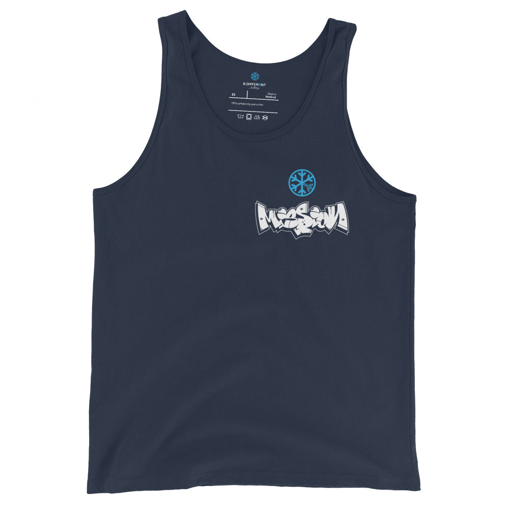 Navy-Mission Graffiti Character Tank Top from B.Different Clothing, front view, graffiti-inspired streetwear