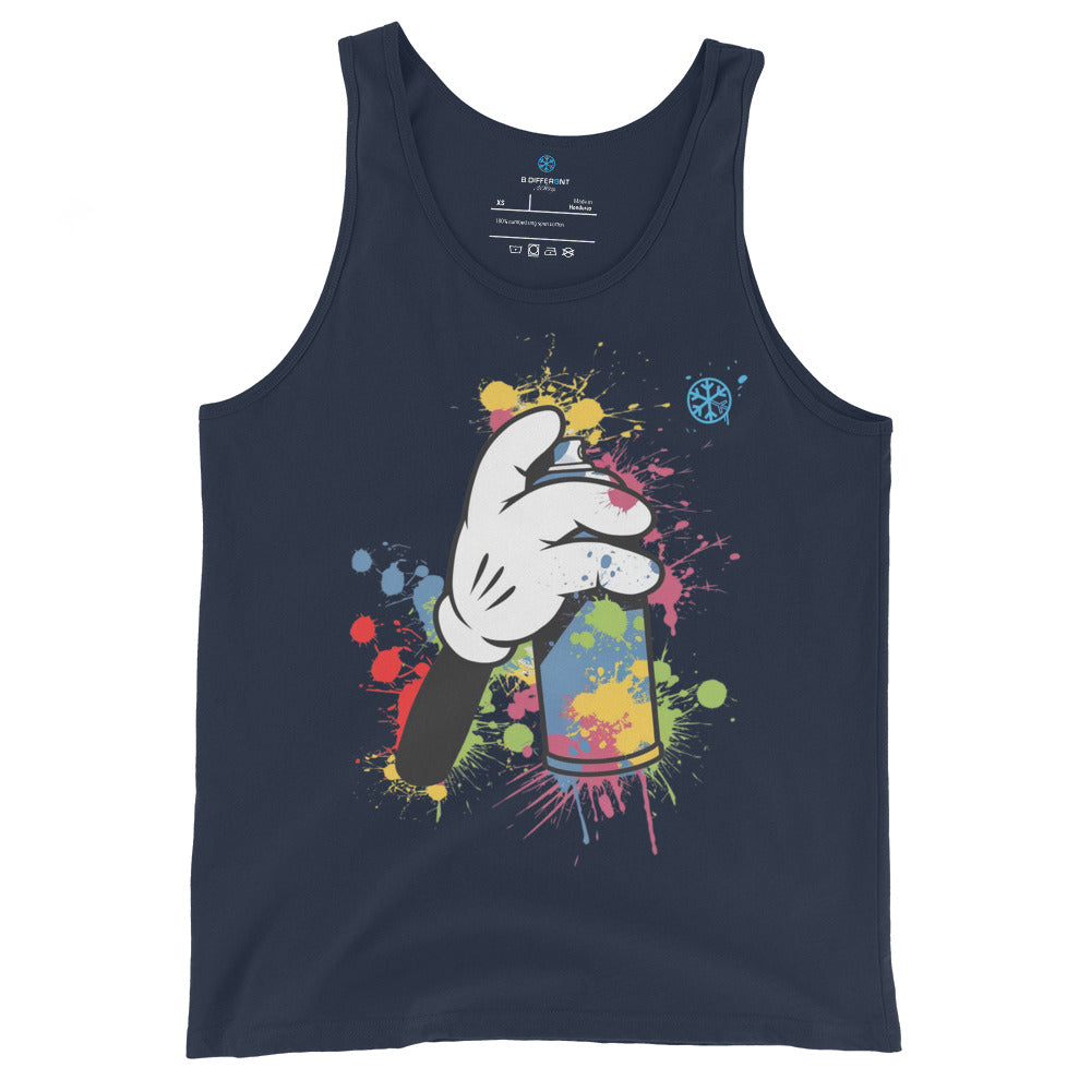 Navy-Hand Spray Can Graffiti Tank Top from B.Different Clothing, front view, graffiti-inspired streetwear