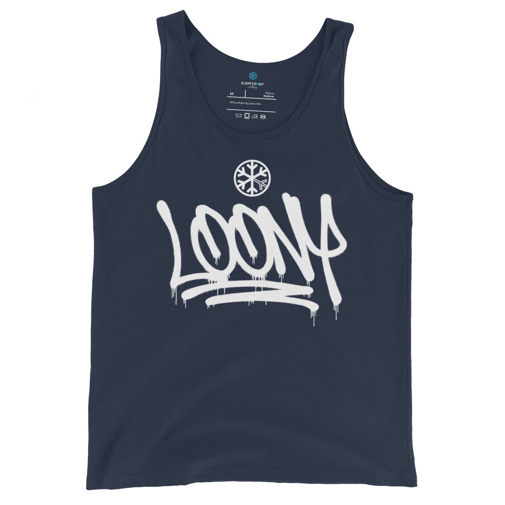 Navy-Loony Graffiti Tag Tank Top from B.Different Clothing, front view, graffiti-inspired streetwear