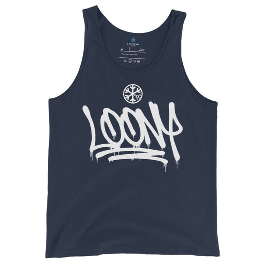 Navy-Loony Graffiti Tag Tank Top from B.Different Clothing, front view, graffiti-inspired streetwear